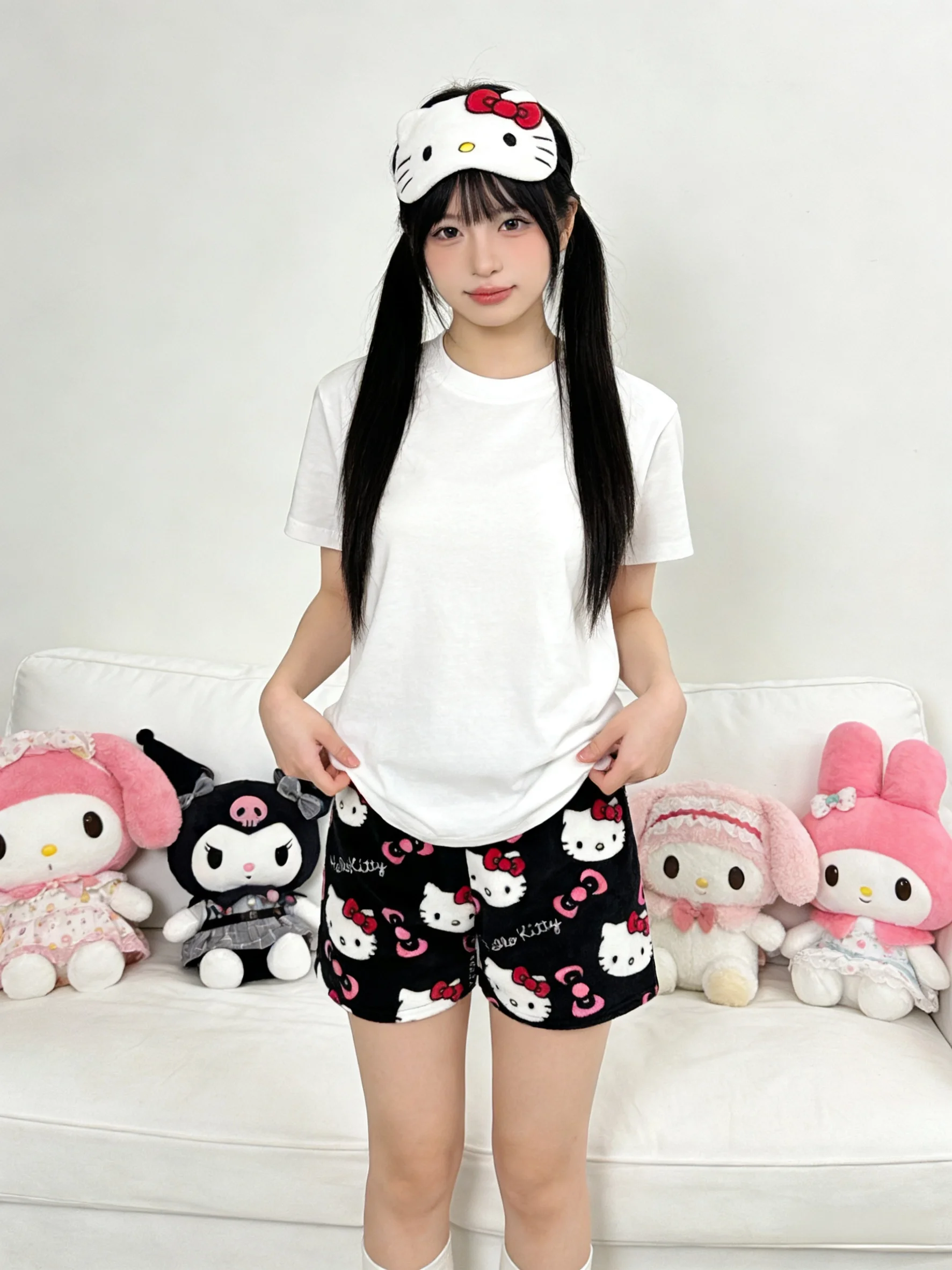 Hello Kitty Flannel Sleep Pants, Black Shorts for Casual Walks, Y2K Couple Pants, Festival Gifts, Party Outfits