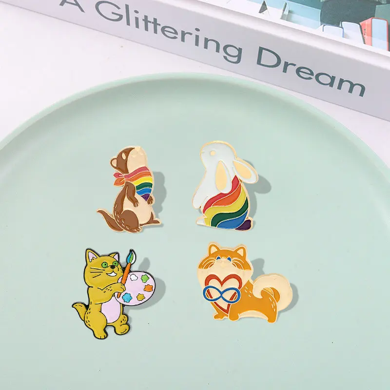 Enamel Pin Custom Cat Rabbit Corgi Squirrel Brooches Bag Lapel Pin Badge Jewelry Gift for Friends Rainbow Heart Animals