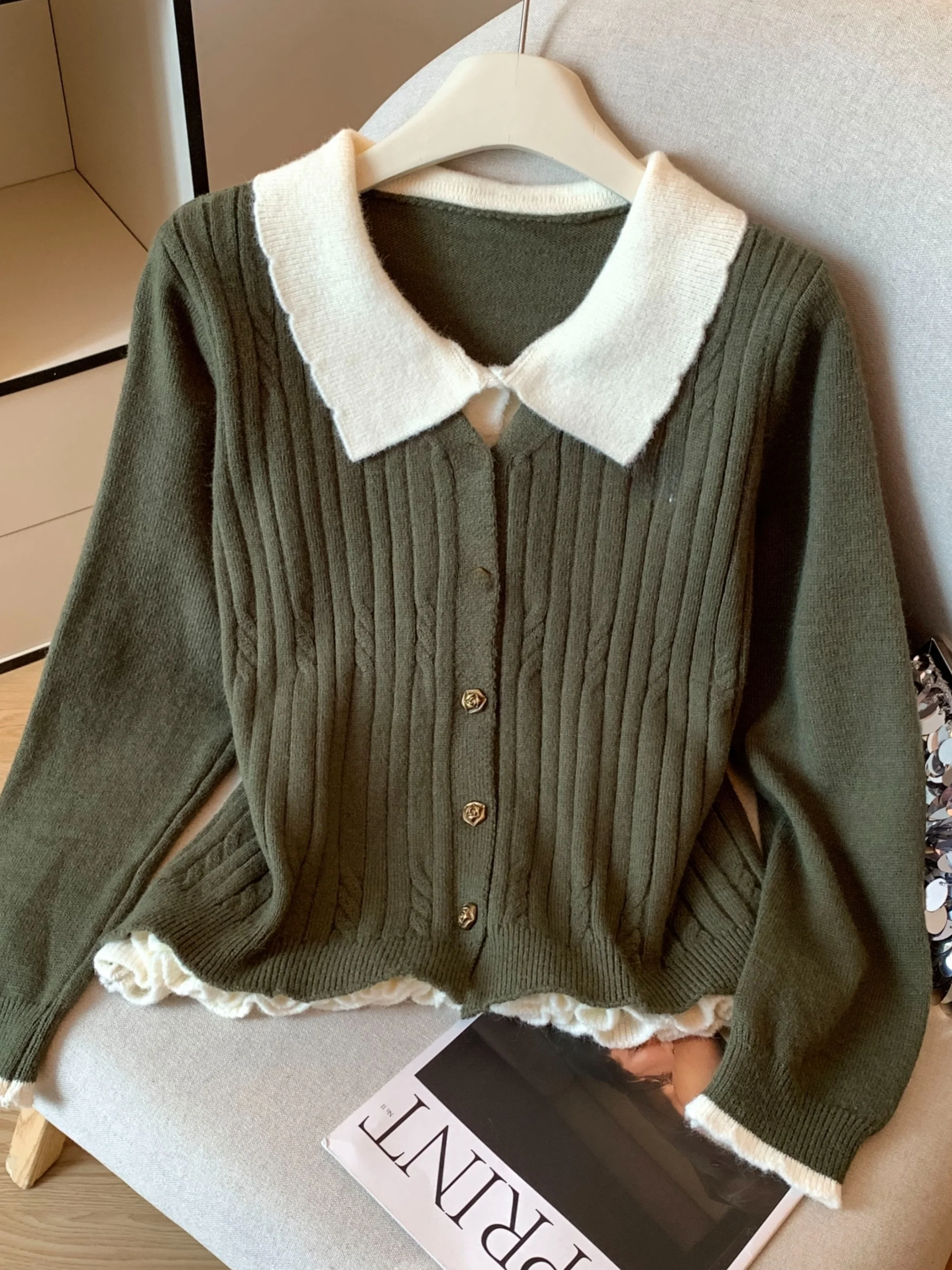 

Вязаный открытый кардиган с длинным воротником све, женский свитер, дизайн Sense, топ небольшого размера, Self-Kee Sle, корейская версия L...