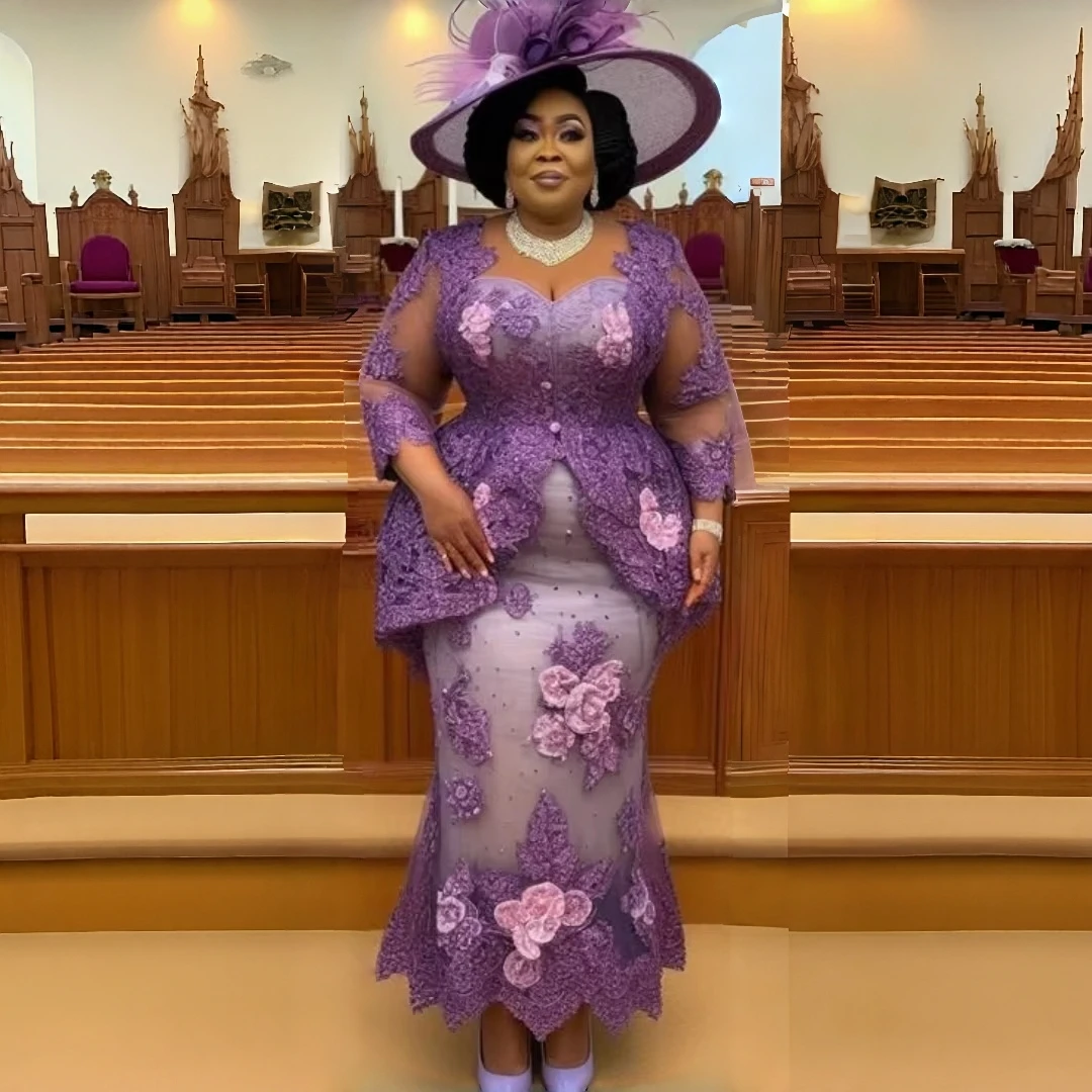 Plus Size Purple Lace Mermaid Church Mother Of The Bride Dress 3D Floral Applique Sleeve Elegant Formal Evening Gown Customized