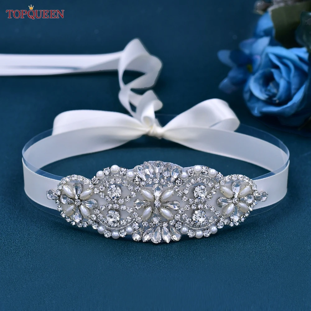 TOPQUEEN Rhinestone Bridal Waist Belt Crystal Rhinestones Wedding Belt Luxury Ribbon Trim Applique Wedding Dress Gown Decor S76