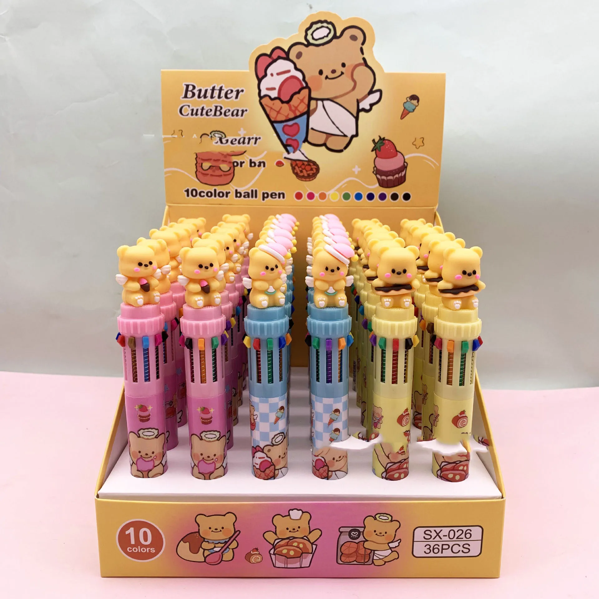 

New model Little Bear Ten Color Ballpoint Pen Multi Color Press Hands on Pen Cartoon Cute Styling Colored Stationery Pen