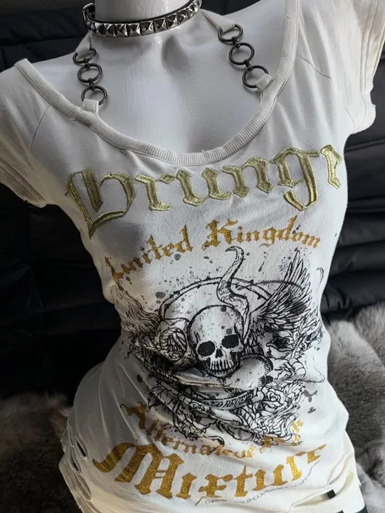 

Original Y2K Hot Girl Retro White Print T-irt Women's Summer Slim Fit Hanging Ne Top Micro Wind Casual Sle ort Sve