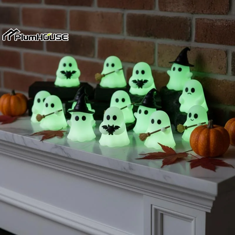 Halloween Luminous Mini Ghost Statue Soft Glow In Dark Ornament Cute Spooky Table Decor For Baking Topper Handcraft Holiday