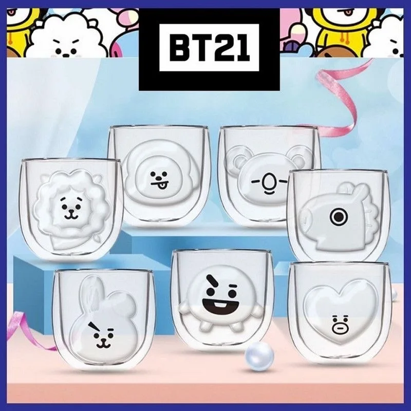 애니메이션 BT21 투명 유리 컵 이중층 열 보호 CHIMMY COOKY 밀크 커피 가정용 컵