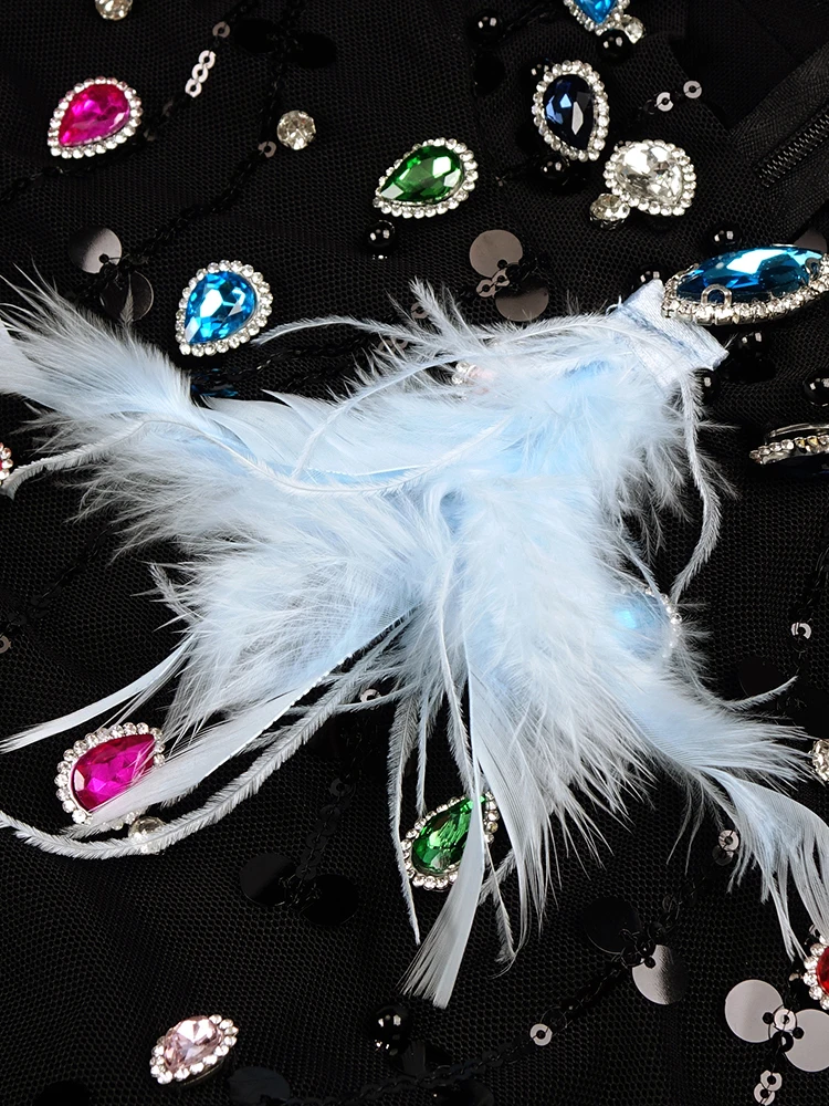 VC Colourful Diamonds Short Prom Dress High Neck Rhinestones Long Sleeves Mesh Patchwork Feathers Hemline Mini Sexy Club Gowns