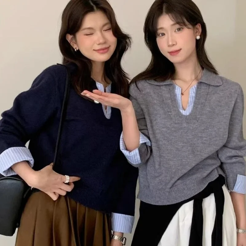 Women Autumn Korean‑Style Design Striped Spliced Cuff Lapel‑Collar Knit Sweater Lady Versatile Faux Two‑Piece Long‑Sleeve Top