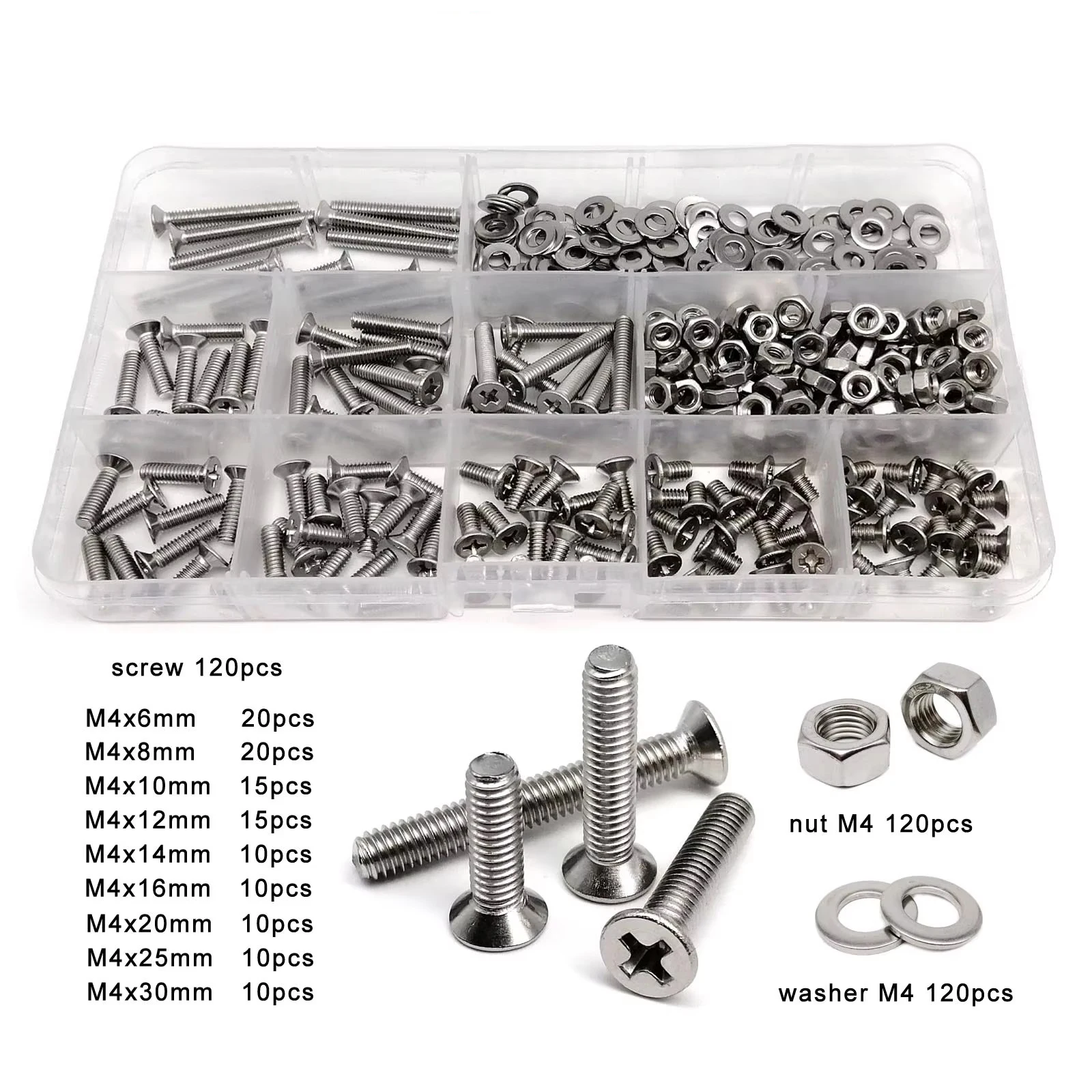 1 Box GB819 M1.6 M2 M2.5 M3 M4 M5 M6 M8 304 Stainless Steel Phillips Cross Flat Countersunk Head Screw Bolt Nut Assortment Kit