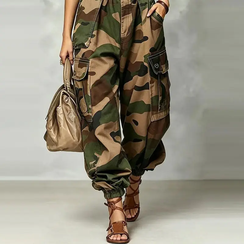 Vintage Camouflage Trousers For Women Loose Multi-Pocket Cargo Pants Outdoor Vacation Street Style Casual High Waist Harem Pants