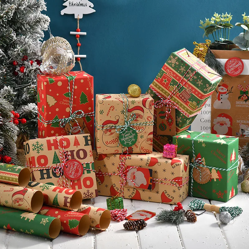 Christmas Snowman Bells Tree Patterned Kraft Gift Wrapping Paper Vintage Style