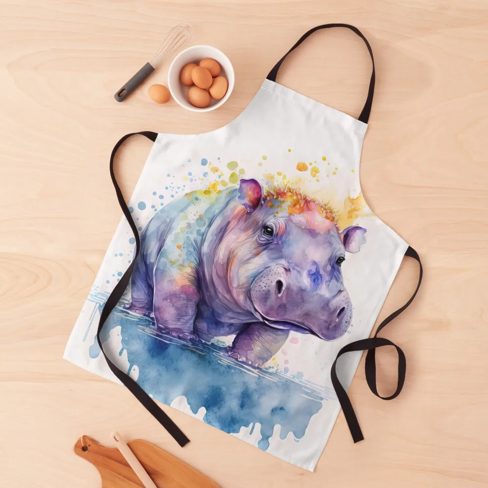 

Colorful Watercolor Cute Baby Hippopotamus Standing in the Water, Hippo Calf Apron Chef Uniform Women Home Utensils Apron