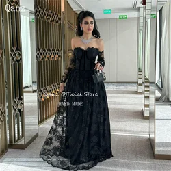 Qanz Luxury Evening Dresses 2024 Abendkleider Dubai Black Lace Appliques Long Sleeves A Line Formal Occasion Dresses Customized