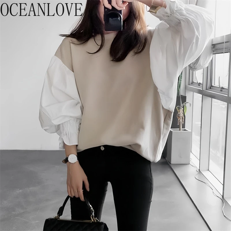 OCEANLOVE T Shirt for Women Spring Summer Fake 2 Pieces Japanese Style Ropa De Mujer Contrast Color Casual Vintage Tees