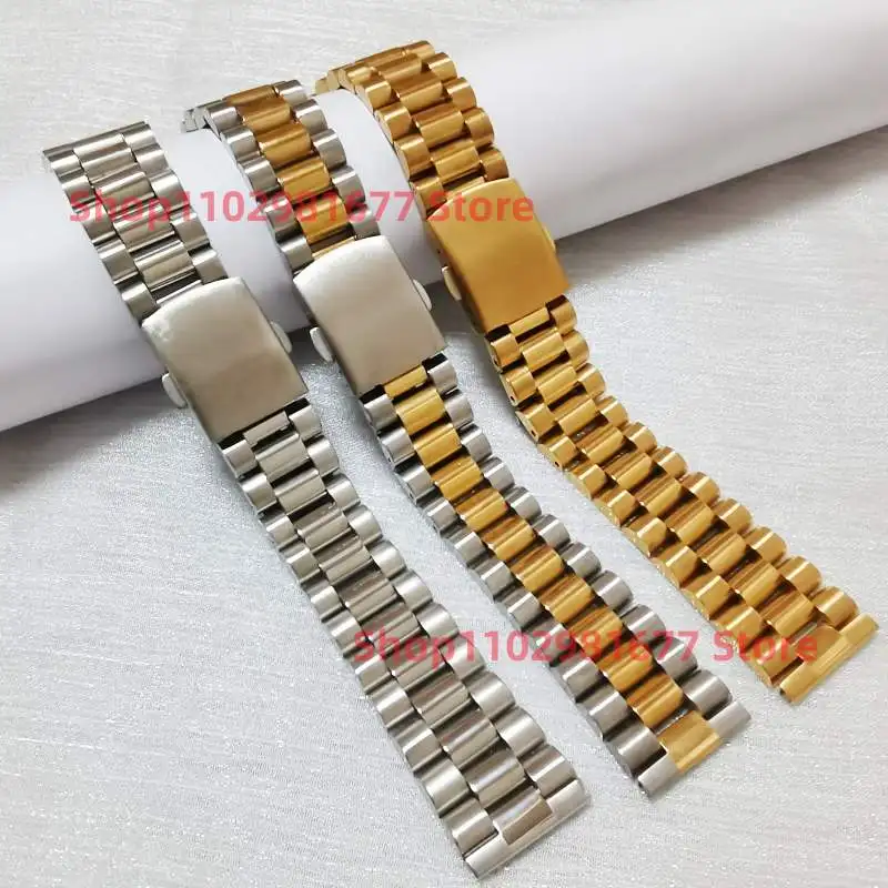 18mm 20mm 22mm Universal Straight End Solid  Stainless  Steel Silver Gold President  3 Beads Watch Band Strap Bracelet