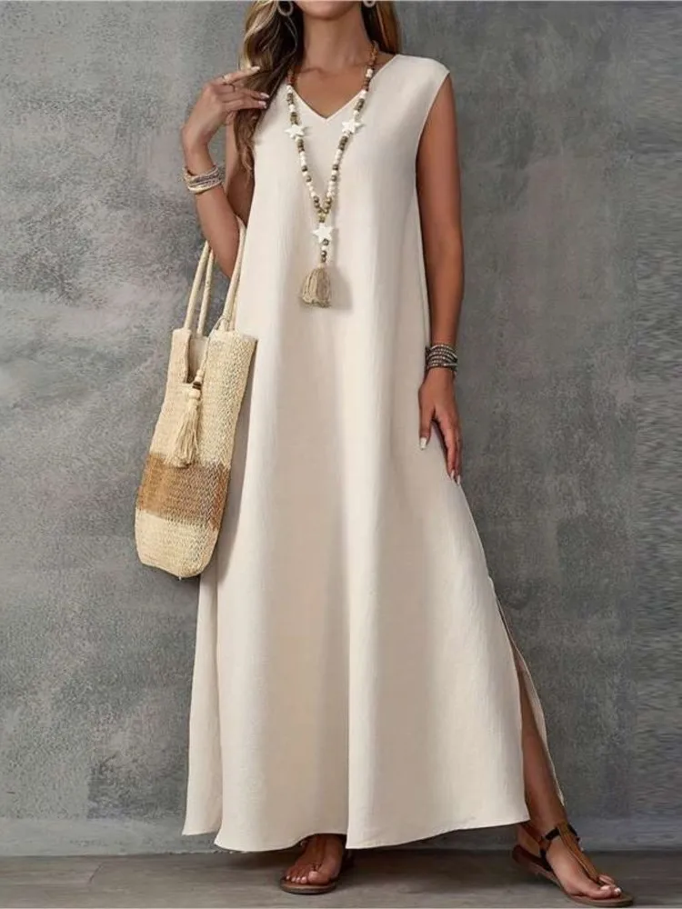 

Сплошное цветное платье женское летнее новое сексуальное без рукавов с v-образным вырезом и боковым разрезом элегантное свободное длинное платье трапециевидной формы Ropa Mujer Ropa Mujer