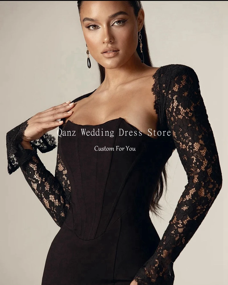 Qanz Black Lace Appliques Mermaid Evening Dresses Long Sleeves Customized Prom Gowns for Black Girls Birthday Party Dress