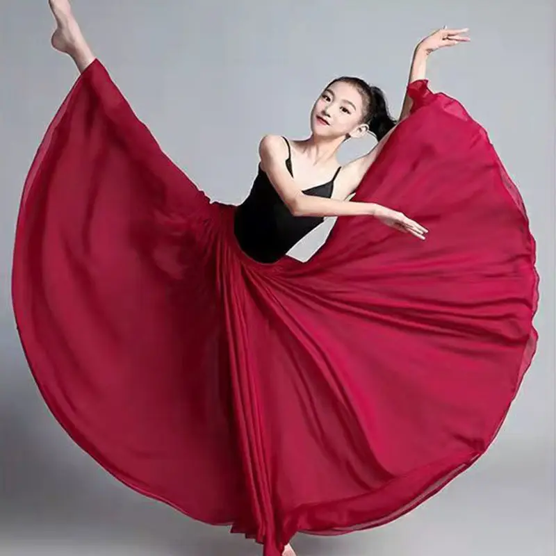 Flamenco Dance Kostüme für Kinder Mädchen Neue Frau 540D 720 Grad Satin Rock Bauchtanz Einfarbig Chiffon Dünne Lose elegante