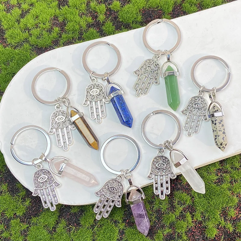 Crystal Amethyst Keychain, White Crystal, Rose Quartz, Tiger Eye, Hex Pillar with Stainless Steel Palm, Demon Eye, Ornament