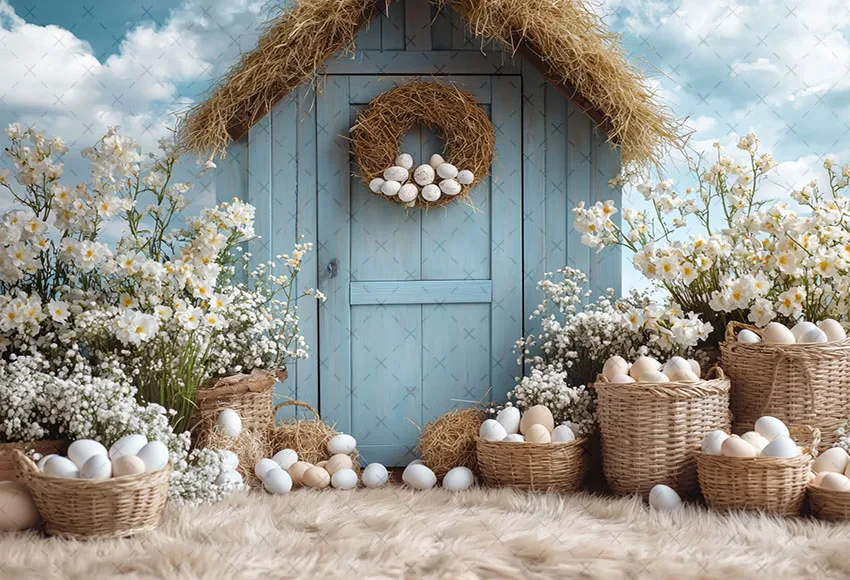 Mehofond Photography Background Spring Easter Flowers Blue Cottage Eggs Kids Birthday Party Portrait Decor Backdrop Photo Studio