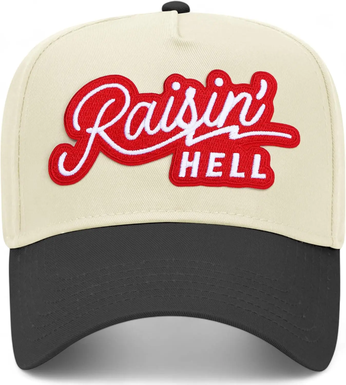 

Raisin' Hell Embroidered Patch Vintage Trucker Hat | Premium Snapback Baseball Hat for Men & Women