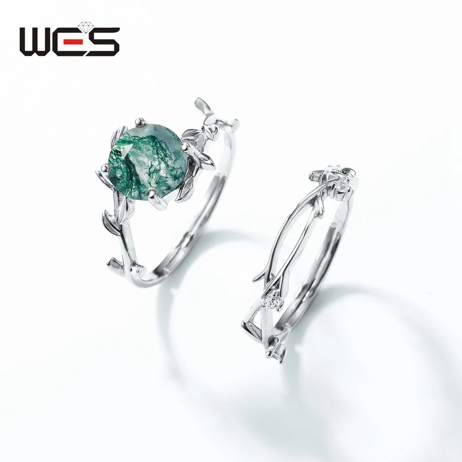 WES 925 Silver Unique Olive Branch Natural Gem 8*8mm Moss Agate Adjustable Ring Sets For Women Wedding Gifts Dainty Fine Jewelry