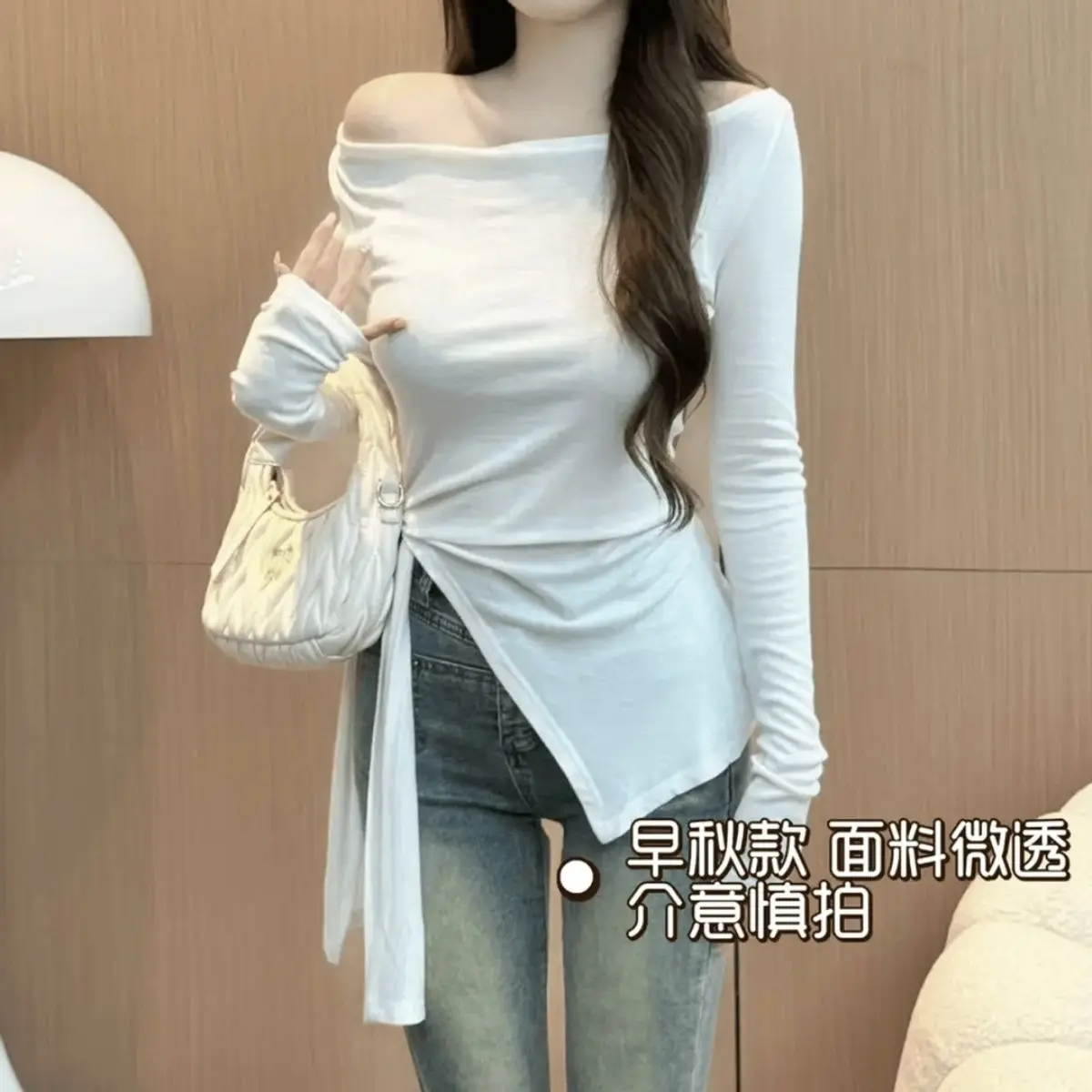 

Early Autumn Long Sleeve Irregular Hem Belted Waist Slimming Solid Color Base Wear Sexy Top
