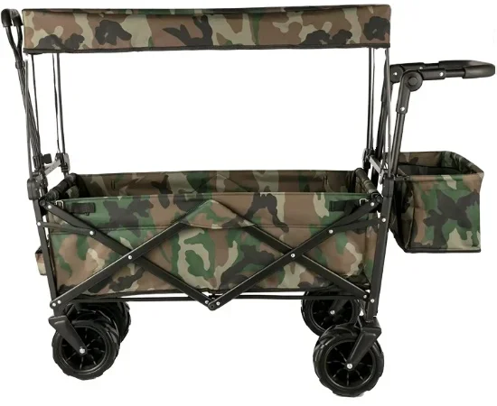 Collapsible 4-Wheel Metal Foldable Trolley Cart with Canopy Outdoor Camping Utility Wagon for Garden Beach Shopping Storage Tool