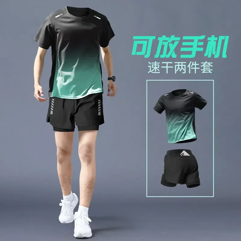 Conjunto de running profesional para hombre - Camisetas y pantalones de secado rápido para gimnasio, pantalones cortos de verano y mallas de primavera, equipo de entrenamiento para maratón y ciclismo, nueva ropa deportiva