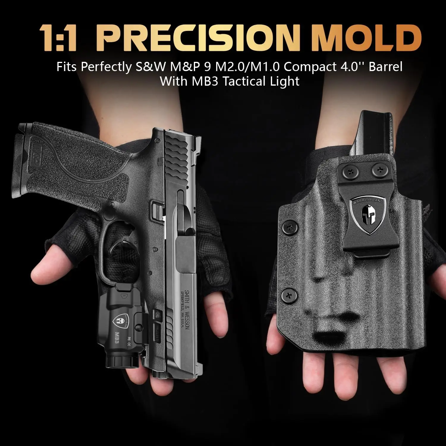 لـ S&W M&P 9 M2.0/M1.0 مدمج 4.0 بوصة، ضوء MB3، حافظة كيديكس، ضوء مثبت على السكك الحديدية العالمية 500 لومن، ضوء أخضر