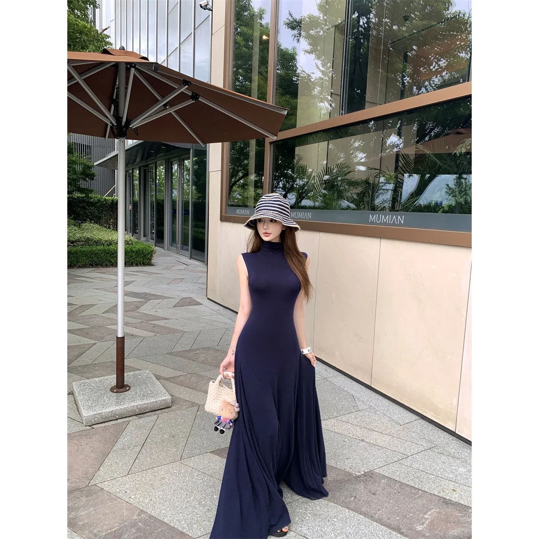 Retro Dark Blue High Collar Sleeveless Dress Elegant A-Line Long Skirt Summer Collection Comfortable Breathable High Waist