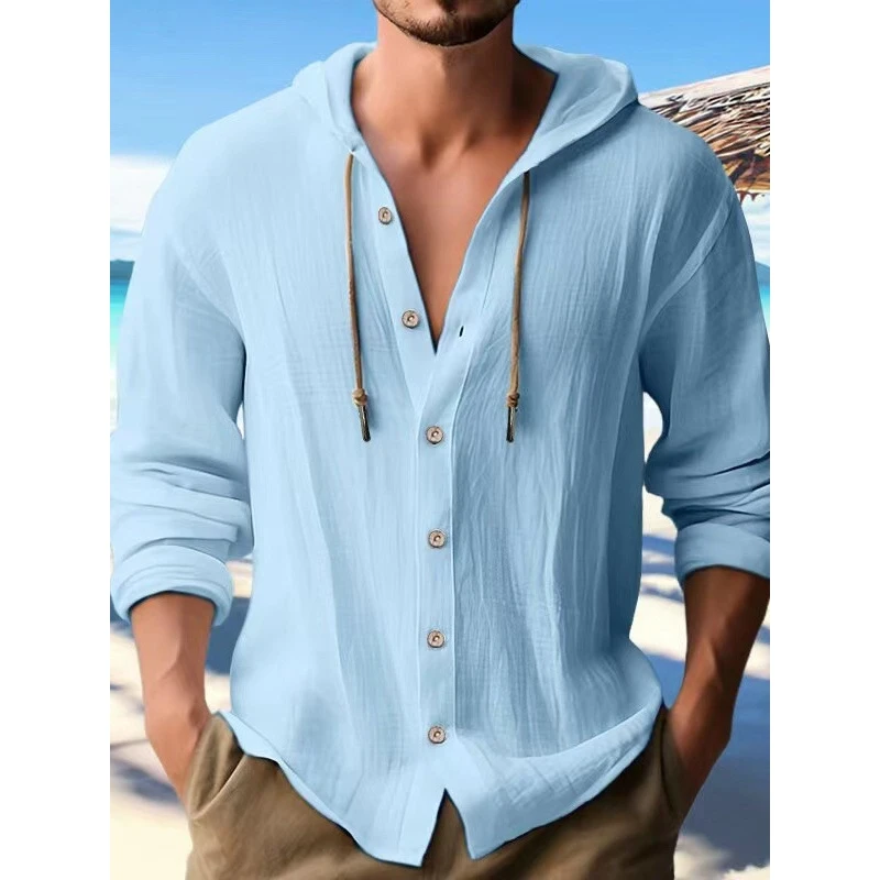 Casual Cotton Linen Men's Shirt with Hood Long Sleeve  Color Spring Summer Fashionable New Arrival 2025 Loose Fit Shirt