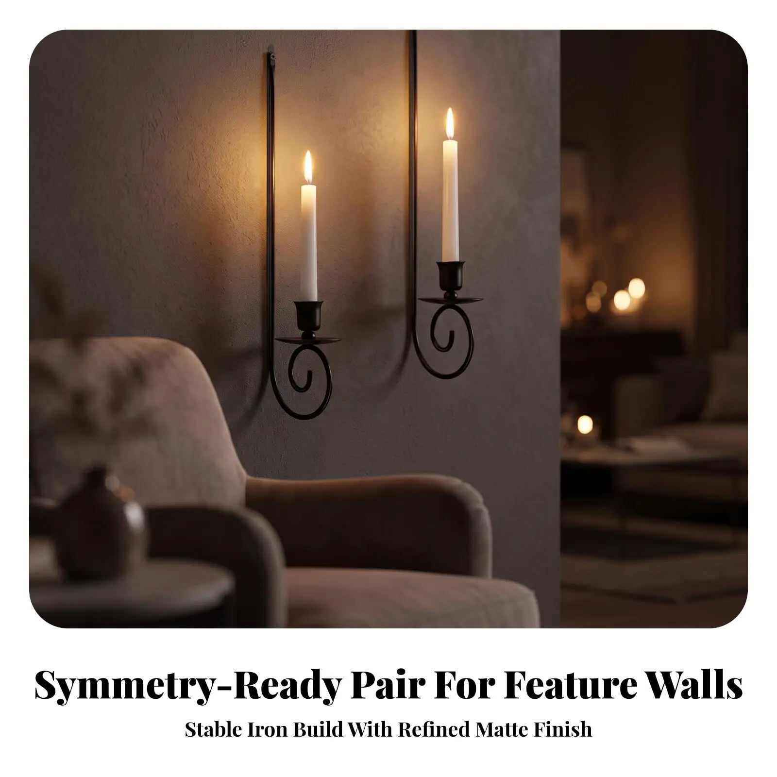 Black Iron Wall Candle Holder Elegant Curled Design Candle Sconce with Drip Tray for Entryway Living Room Table Decor