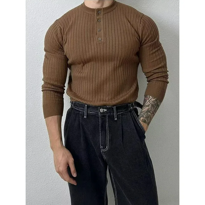 

Мужской модный вязаный свитер с длинным рукавом, воротником хенли, простой, для фитнеса, осенне-весенний, повседневный пуловер