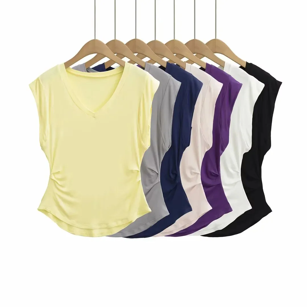 Asymmetrical hem waist-cinching pleats on both sides slim-fit simple solid color versatile women's summer V-neck top with JWVF