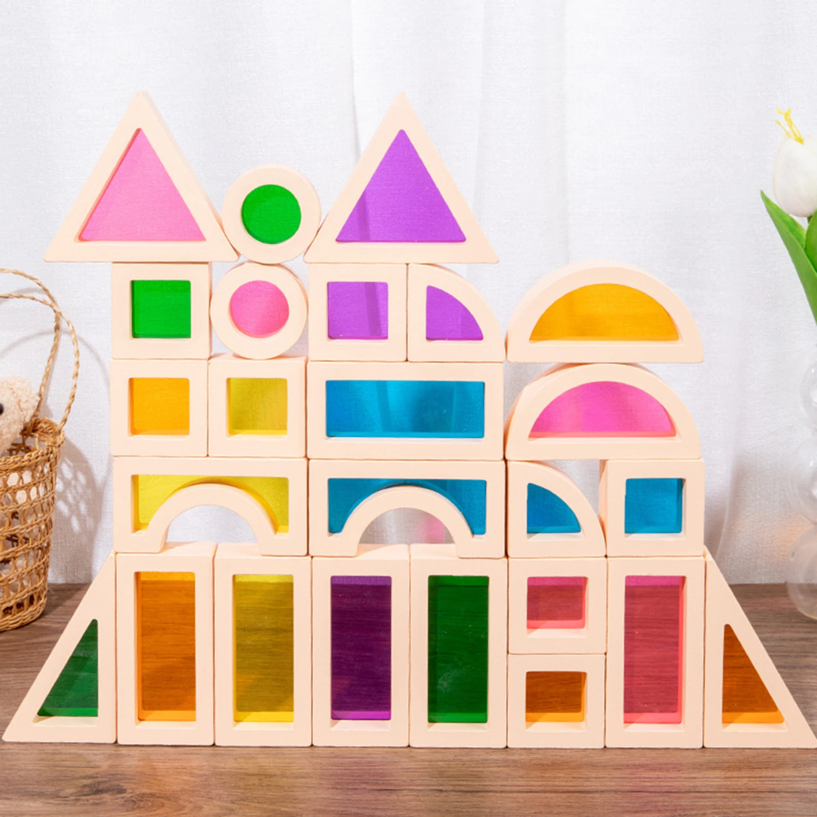 25 Stuks Stapelblokken Montessori Houten Speelgoed Sensorische Regenboog Spiegel Blokken Hout Stapelen Voor Ouder Kind Spel Geschenken Decor