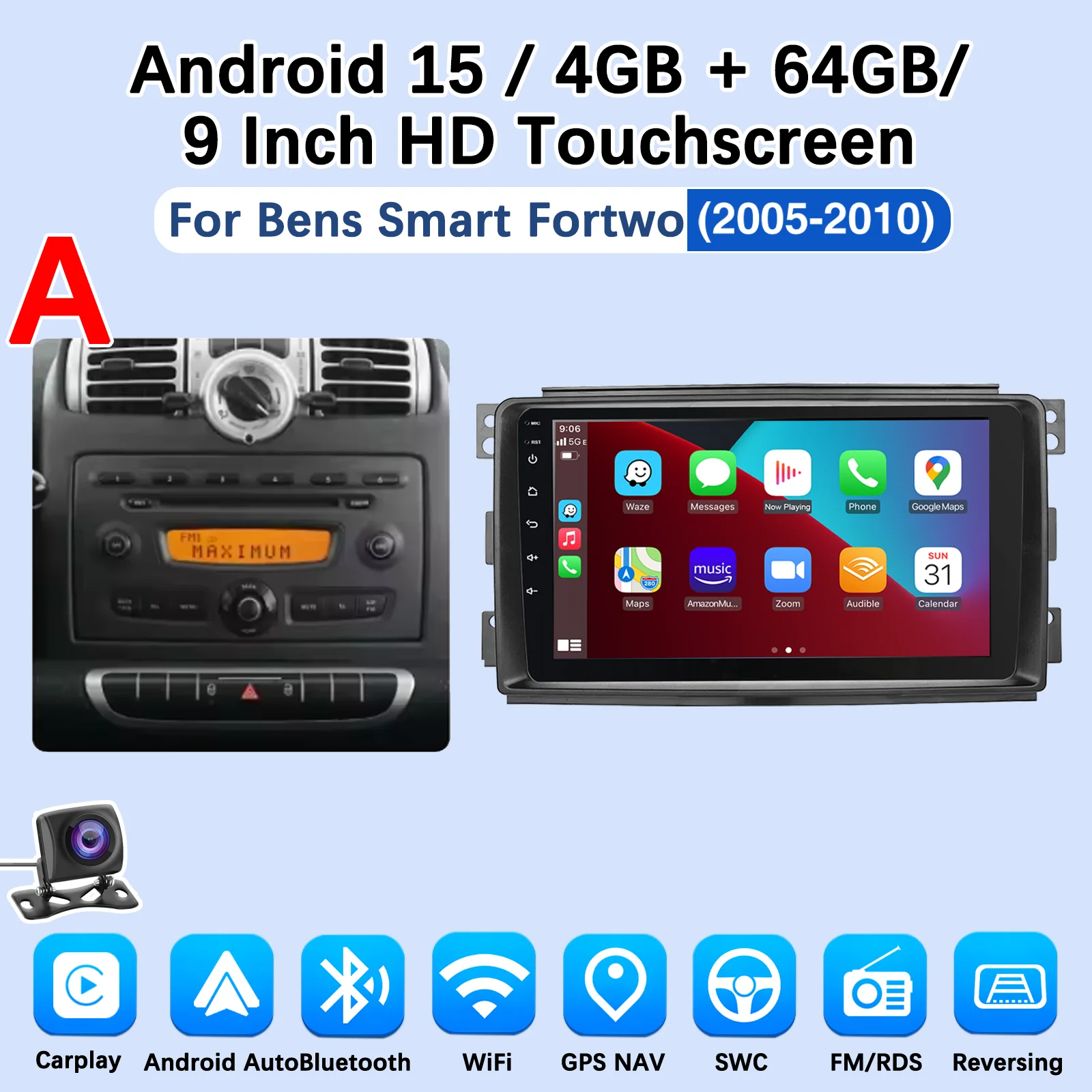 MOPECT 9 Zoll für Mercedes Benz Smart Fortwo 451 2005-2015 Apple CarPlay Android Auto Radio GPS FM WiFi BT AM Multimedia DAB+ DVR