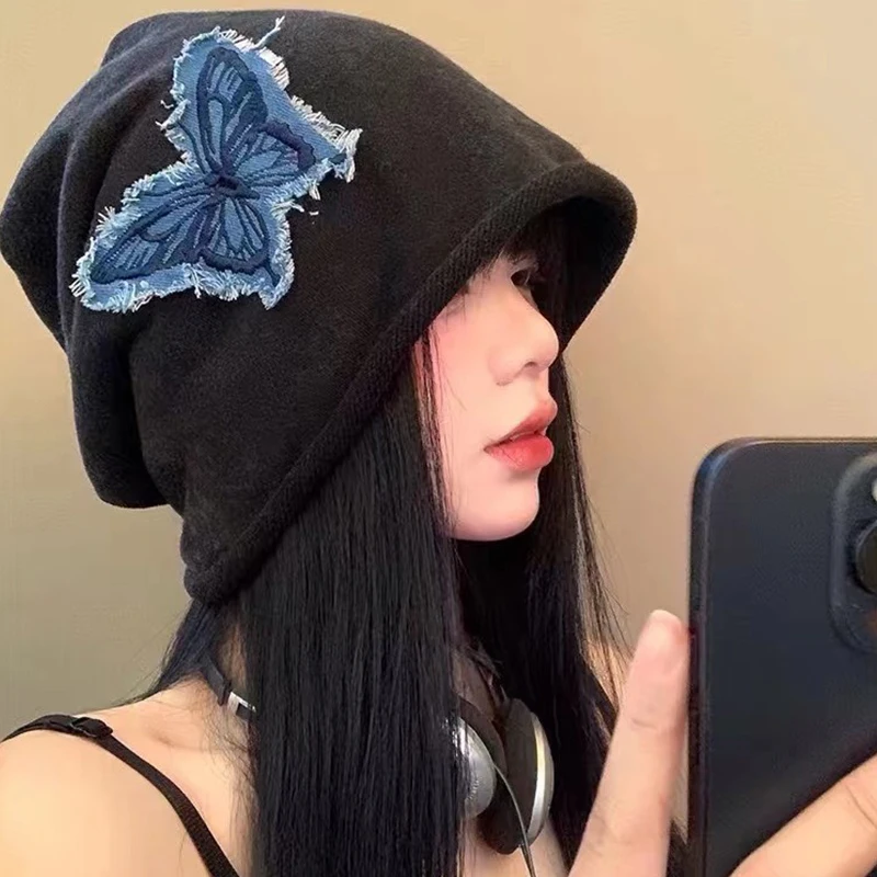 

Spring Autumn Butterfly Embroidery Hat Women Fashion Casual Skull Beanies Cap Unique Butterfly Patch Lightweight Slouchy Hat