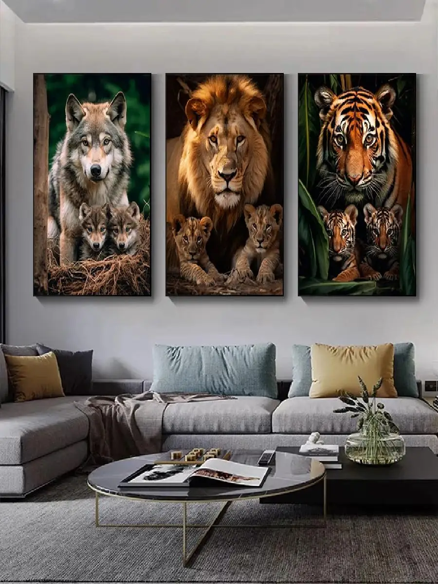 Nature Wildlife Canvas Art Print  Lions Tigers Wolf Coyote Leopard Polar Bear Family  HD Poster for Living Room Wall 