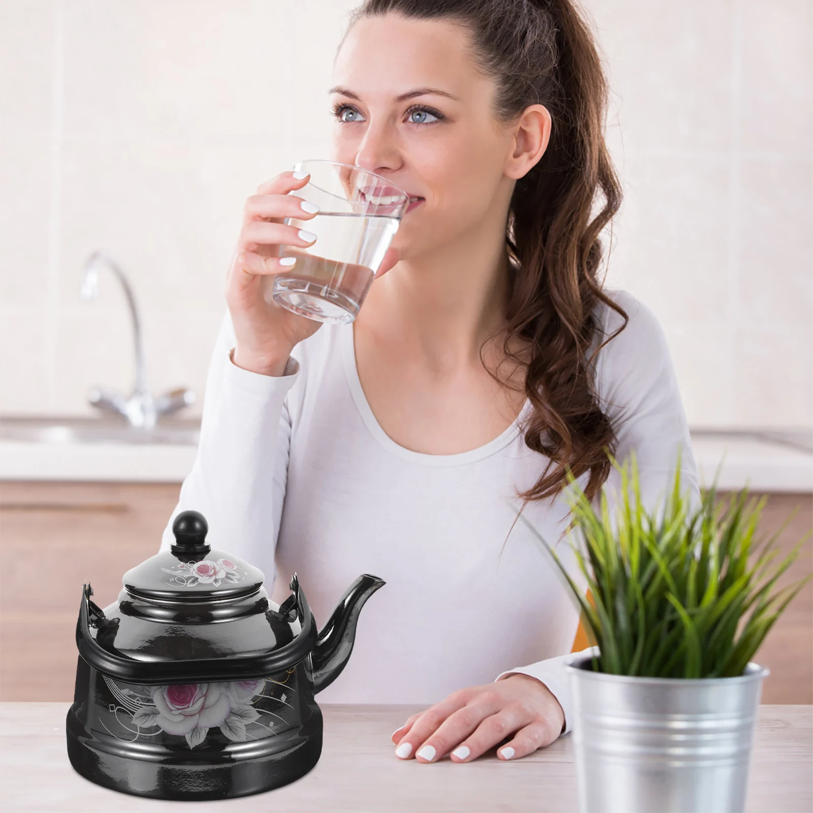 

Retro Black Enamel Teapot Kitchen Water Kettle Home Use Practical Easy Clean Heating Pot Enamel Teapot