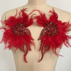 Rhinestone Beaded Patch With Artificial Feathers Garment Accessory Beading Applique