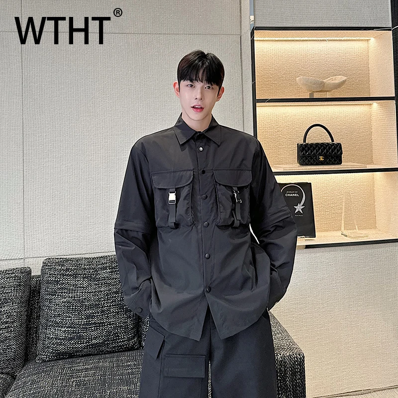WTHT Trendy 2025 Summer Men's Deconstruction Pockets Design Shirts Fashion Casual Solid Color Long Sleeves Tops Male 2A0536
