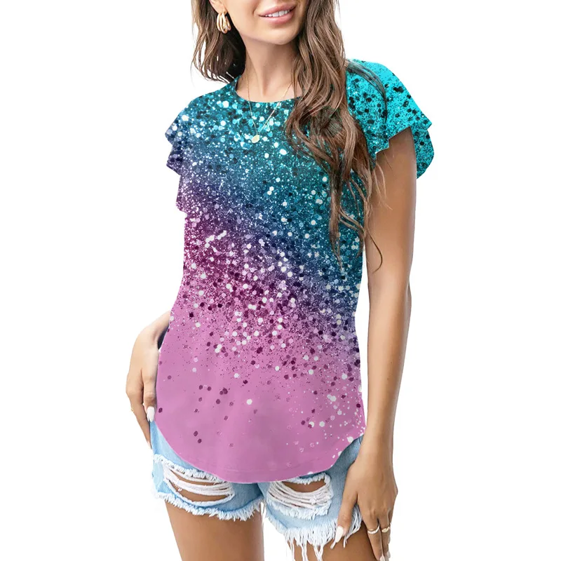 

2024 Summer New Women's Tops Round Neck 3D Printed Solid Color Ruffle Sleeve Short Sleeve T-Shirt