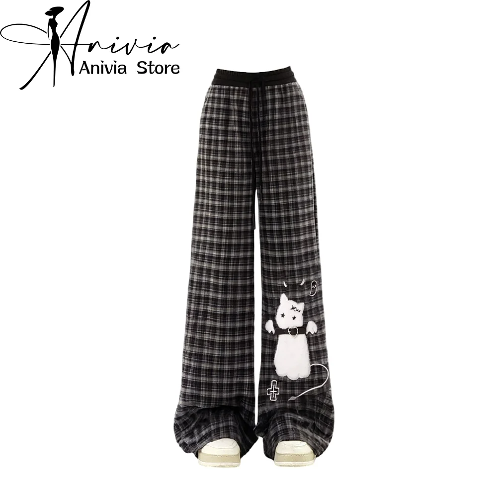 Women's Black Grid Gothic Pants Y2K Japanese Cute Harajuku High Waist Streetwear 2000s Style Retro Loose Wide Leg Pants Clothing