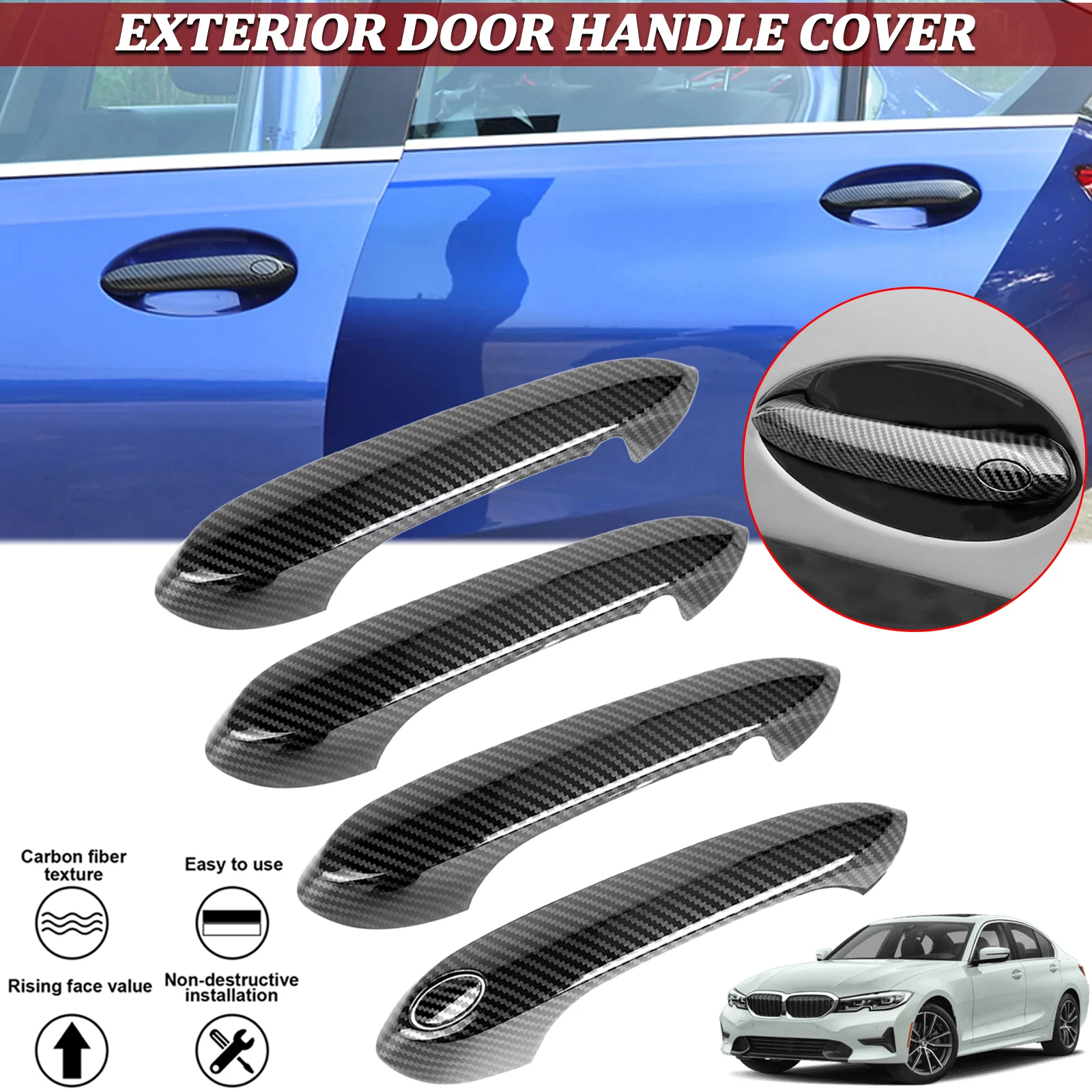 Carbon Fiber Style Side Door Handle Cover Trim Frame Overlay Protective Decoration For BMW 3 Series 330i Sedan 2019 2020 2021