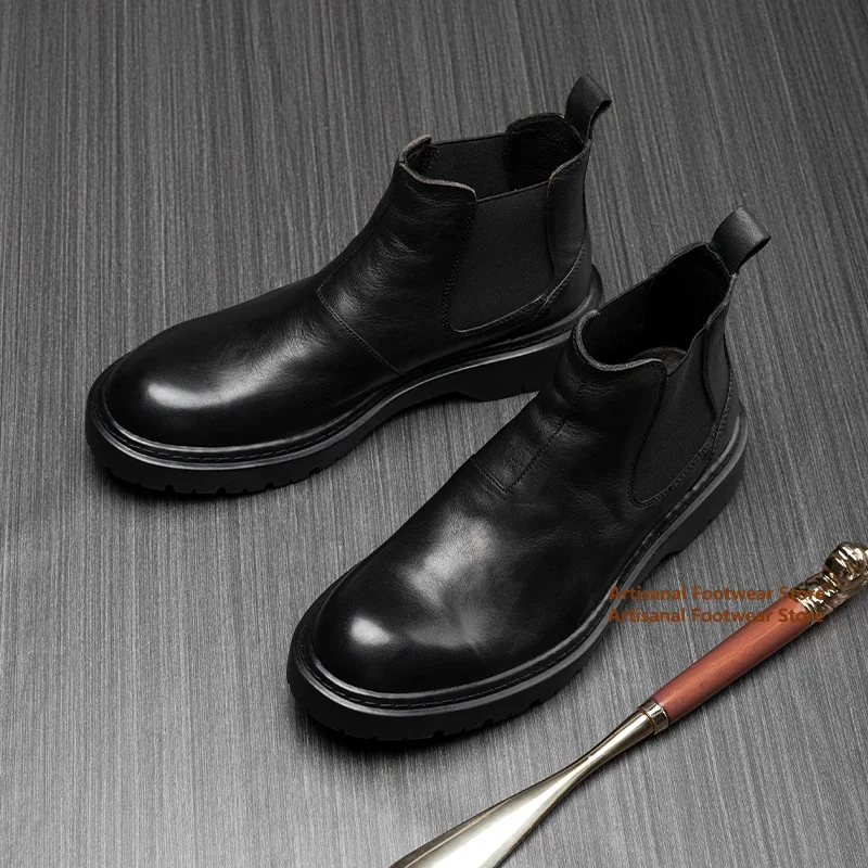 Thick Soled Chelsea Boots Black Leather Elastic Band Men's Boots British Style High Top Men's Boots Trendy Handmade Men's Shoes