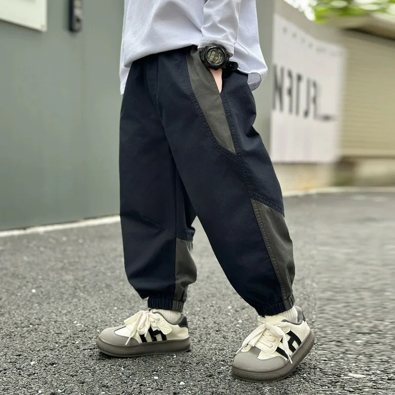 Spring Autumn New Boys Causal Cargo Pants Patchwork Loose Sports Pants For 4 5 6 8 10 12 14 Years Teen Boys Cotton Trousers
