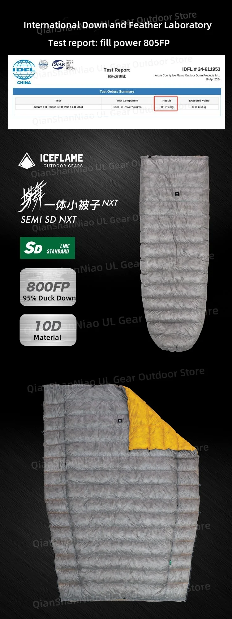 Ice Flame NXT 3-Jahreszeiten-Sommerdecke, Outdoor-Camping-Ausrüstung, Schlafsack, ultraleicht, graue Entendaunen, Thermo-Wandern, Rucksackreisen – Detail 1