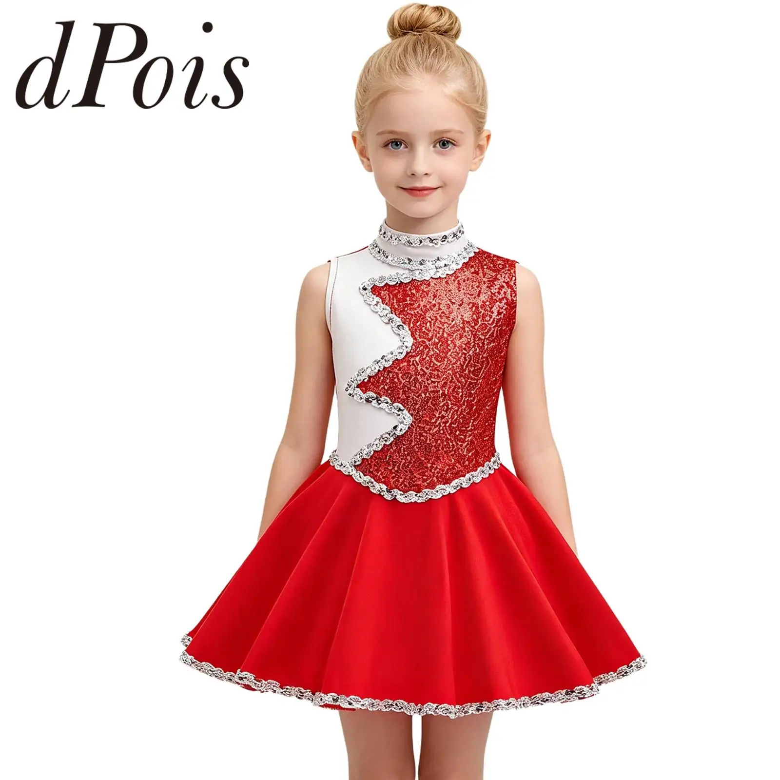 Kids Sequin Ballet Tutu Figure Skating Dress Cheerleaer Performance Costume Girls Cheerleading Dance Dress Cheering Team Uniform