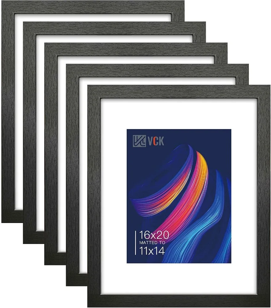 

VCK 16x20 Picture Frames Matted To 11x14 Picture Set of 5 Black Wood Photo Frames with Real Glass Desktop and Wall Hanging