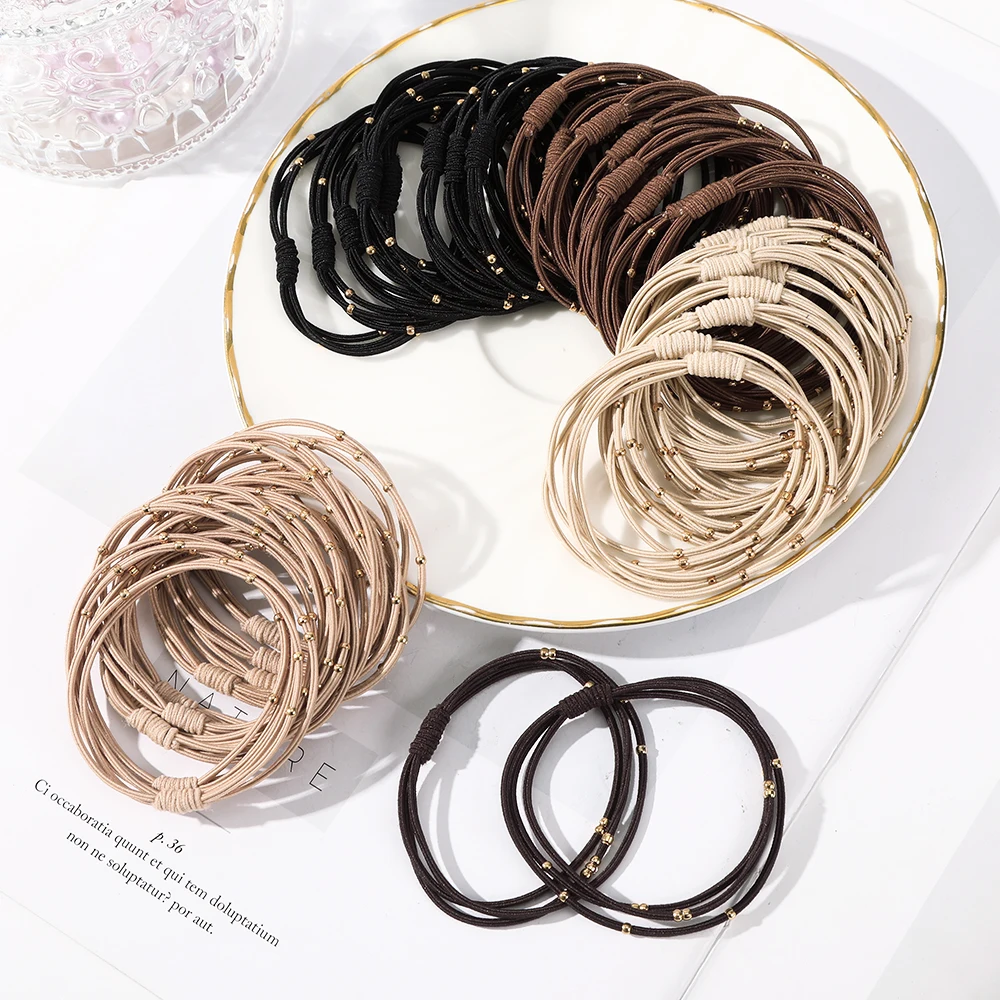 10PCS Korean Women Elastic Hair Rubber Bands Headbands Girs Golden Plated Beads Hair Scruchies Hair Tie/Holder/Gum Accessories